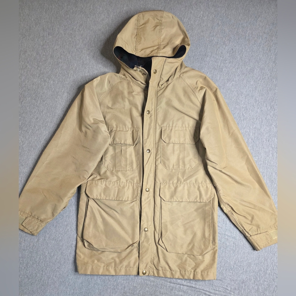 Vintage Woolrich Men's Plaid Wool Lined Beige Hooded Field Jacket